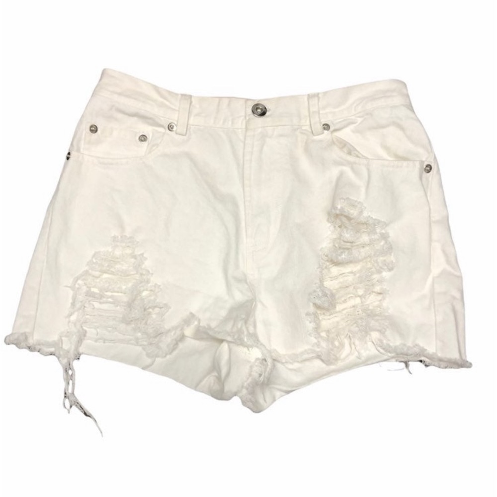 White high waisted denim distressed shorts